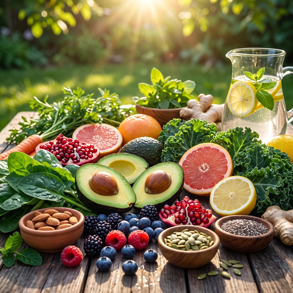 Frisches, buntes Gemüse, Beeren, Nüsse und gesundes Wasser in der Morgensonne