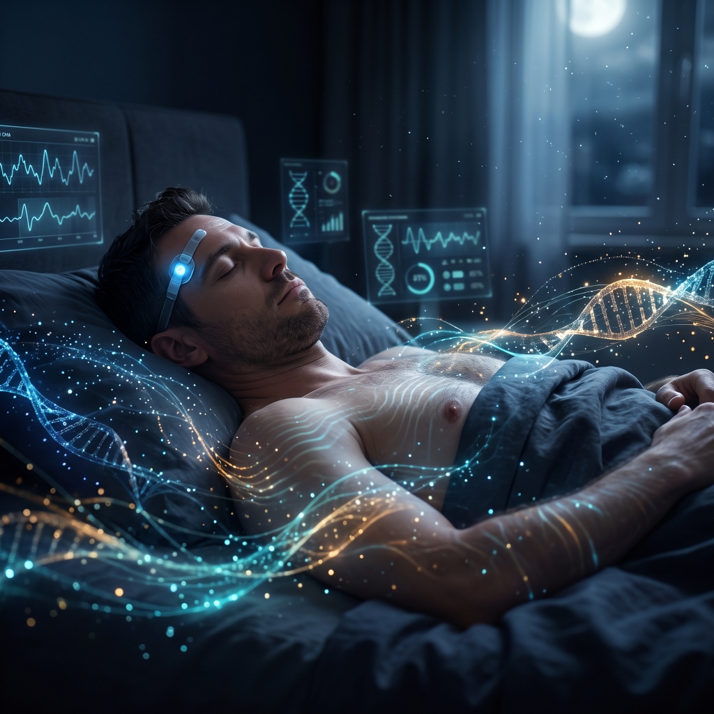 Mann schläft tief und entspannt mit futuristischer Bio-Tracking-Visualisierung